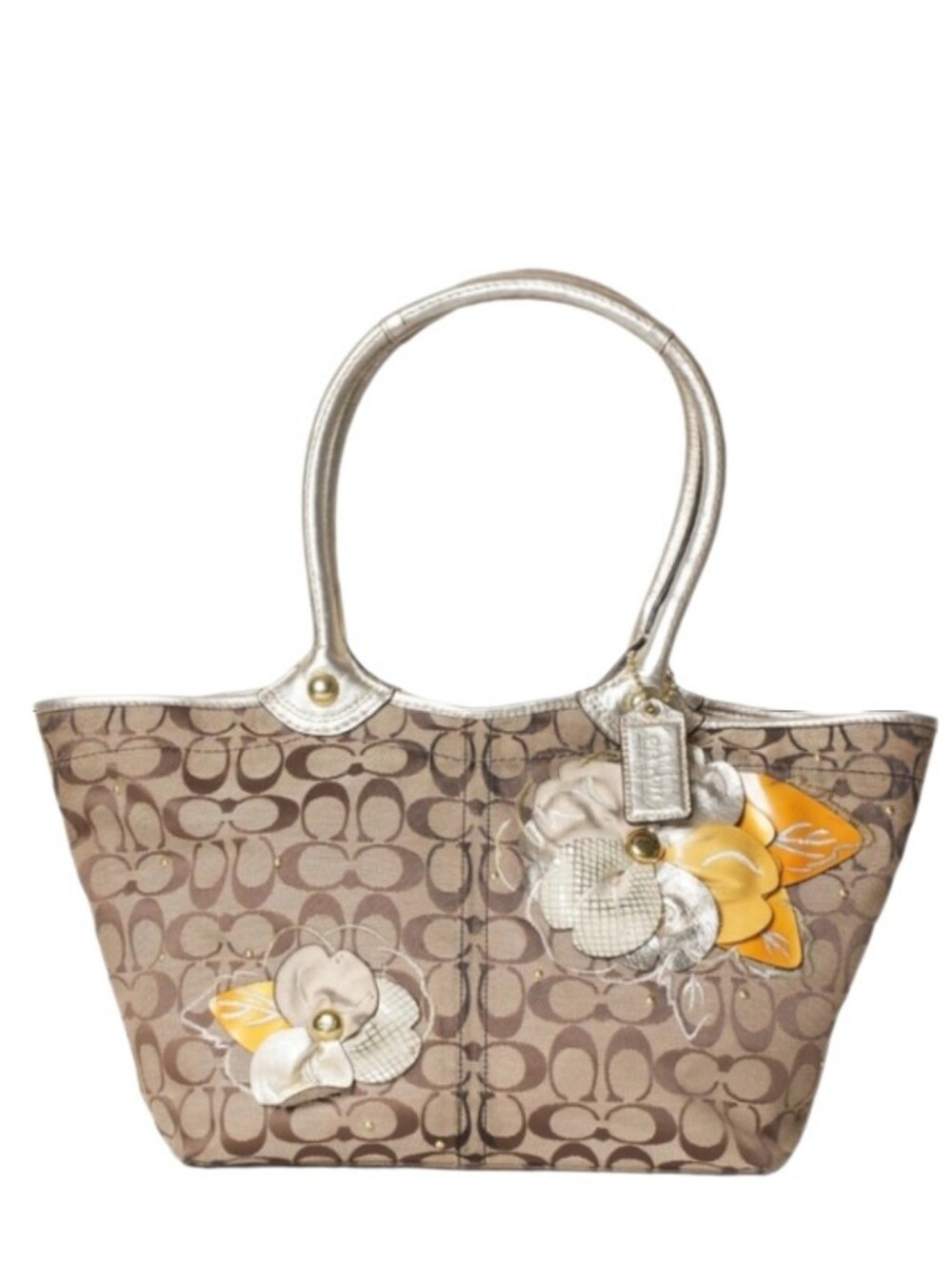 🏵️ Coach Bleecker Khaki Signature Patchwork Floral Metallic Gold Tote Bag Y2K